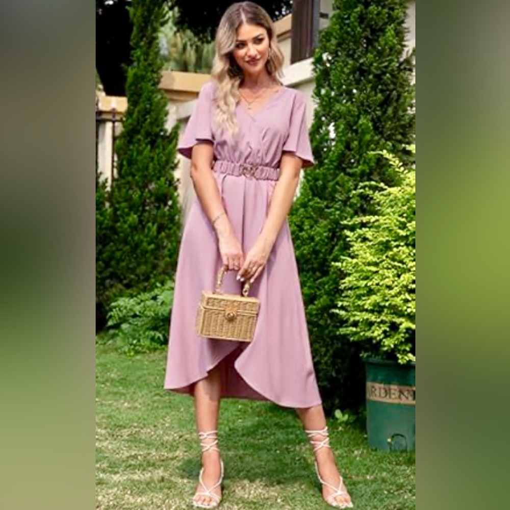 Elegant Pink High Waist Flowy Midi Dress with Belt